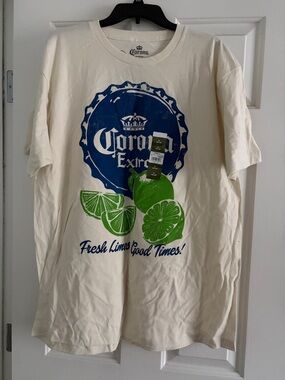 Corona Graphic Tee in Cream with Blue Logo & Bright Green Lime Art